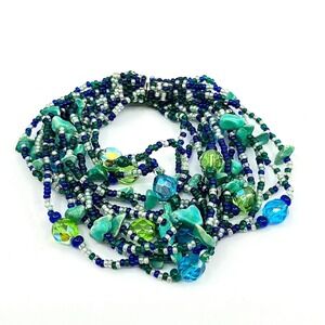 Vintage Boho Multi-Strand Beaded Bracelet Teal Blue Green Turquoise Glass Chunky